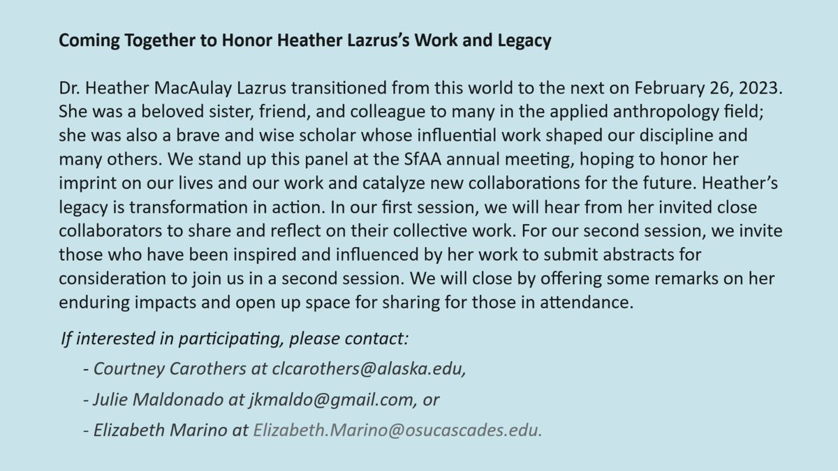 Call for interest for a session on 'Coming Together to Honor #HeatherLazrus’s Work and Legacy.' If you're interested, please reach out to Courtney Carothers, Julie Maldonado, or @EnviroAnth_prof. #RDTIG2024 #2024SfAASantaFe #risk #disaster