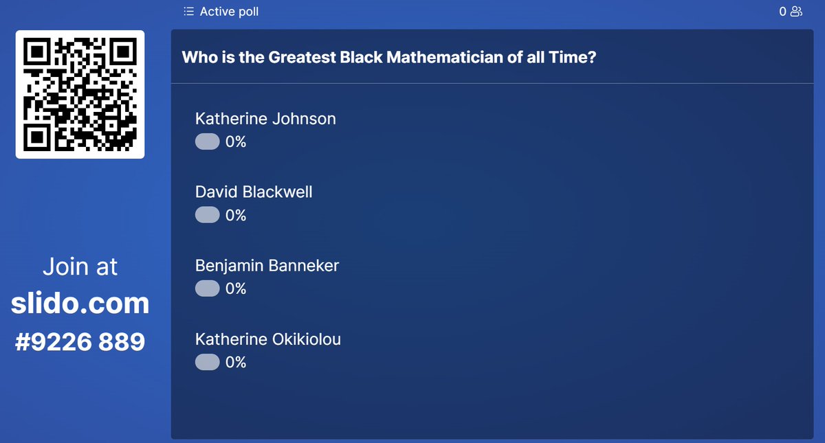 That's the end of #BlackHeroesMaths day 1! What a great day of talks and discussion. Thank you for all speakers and panellists, and all audiences. Don't forget to enter the poll, we will review the result tomorrow morning. Join us at 10:00 BST tomorrow for day 2!