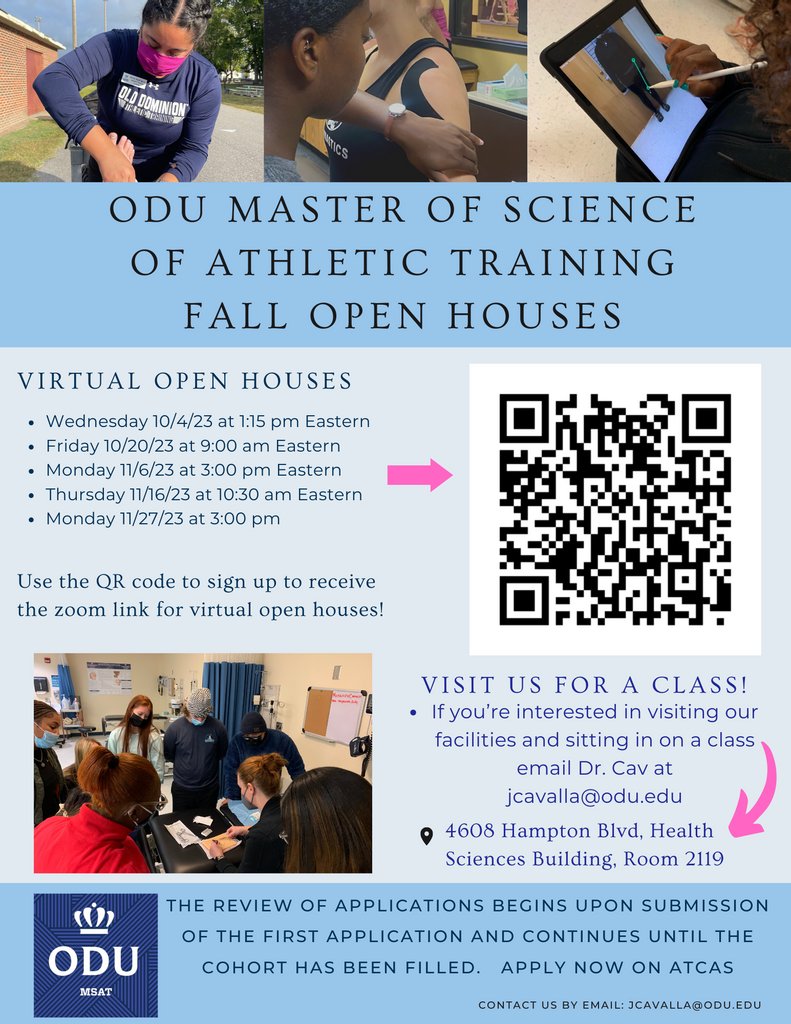 Interested in learning more about Old Dominion University's Master of Science of Athletic Training Program?  Join us tomorrow at 1:15 pm Eastern for a virtual open house to get your questions answered.  Use the QR code to register, and a Zoom link will be emailed to you.