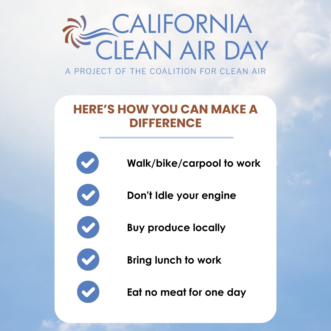 Tomorrow (10/4) is #CleanAirDayCA.  Learn more on how to get involved in the link below! 
@CleanAirDay 🌞 🌍 💙
cleanairday.org/pledge/individ…