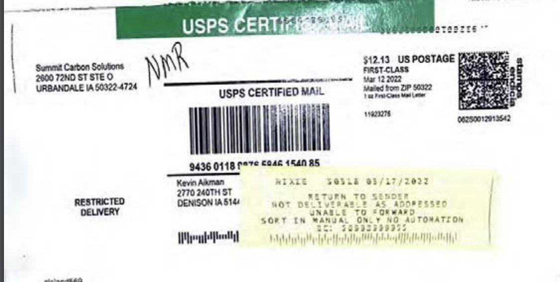 EmmaSchmit94's tweet photo. Summit's lawyer is an absolute scoundrel. He implied that a landowner refused mail from Summit, putting the lack of communication on the landowner. The truth is that Summit sent it to a random address that doesn't even have a mailbox! Absolutely ridiculous. https://t.co/IRz5araahm