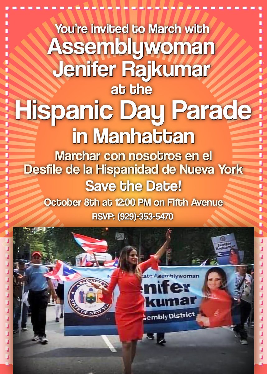 JeniferRajkumar's tweet photo. 📢 March with me at the Hispanic Day Parade this Sunday. 🎉 Let's celebrate the vibrant culture and heritage that makes the Hispanic community strong and beautiful.
📢 Únase a mí en el Desfile del Día de la Hispanidad en Manhattan este domingo.
🌟 #HispanicParade 🎶💃🕺🎉 https://t.co/vBouU0065Z