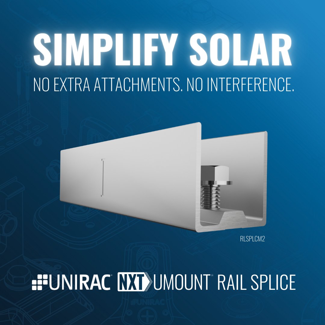 Unirac's tweet image. Presenting the hassle-free solution you&apos;ve been waiting for: 

The new NXT UMOUNT™ Rail Splice is truly structural, eliminating the need for extra attachments.  

No extra attachments. No interference. 

#NXTUMOUNT #SolarSimplified
