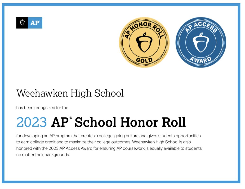Weehawken Schools (@weehawkentsd) on Twitter photo Congratulations to WHS on achieving the <a href="/CollegeBoard/">College Board</a>’s AP Gold Honor Roll & AP Access Award! <a href="/EricCrespoEDU/">Eric Crespo</a> <a href="/FAmato53/">Francesca Amato</a> <a href="/al_orecchio/">Al Orecchio</a> <a href="/RobFerullo4/">Robert Ferullo</a> <a href="/StefanieCirill1/">Stefanie Cirillo</a> @WTSDGuidance53 <a href="/DeStefanoEDU/">Dr. Nicholas J. DeStefano</a> <a href="/MrsCullinane/">Jacqueline Cullinane</a> <a href="/bcalligy/">Brian Calligy</a> <a href="/BriannaReganEDU/">Brianna Regan</a> <a href="/AdParkin78/">Adam Parkinson</a> <a href="/gioahmad/">Gio Ahmad</a> Congratulations to WHS on achieving the <a href="/CollegeBoard/">College Board</a>’s AP Gold Honor Roll & AP Access Award! <a href="/EricCrespoEDU/">Eric Crespo</a> <a href="/FAmato53/">Francesca Amato</a> <a href="/al_orecchio/">Al Orecchio</a> <a href="/RobFerullo4/">Robert Ferullo</a> <a href="/StefanieCirill1/">Stefanie Cirillo</a> @WTSDGuidance53 <a href="/DeStefanoEDU/">Dr. Nicholas J. DeStefano</a> <a href="/MrsCullinane/">Jacqueline Cullinane</a> <a href="/bcalligy/">Brian Calligy</a> <a href="/BriannaReganEDU/">Brianna Regan</a> <a href="/AdParkin78/">Adam Parkinson</a> <a href="/gioahmad/">Gio Ahmad</a>