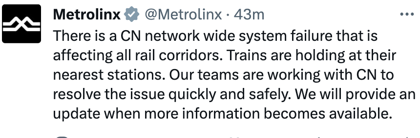 ChronicleLance's tweet photo. ALL GO TRAIN SERVICE SUSPENDED DUE TO SYSTEM-WIDE FAILURE on all rail corridors - 1:53 pm. Trains now parked at nearest station. Metrolinx trying to resolve asap CN network-wide glitch. For updates, go to @Metrolinx. https://t.co/kHtpY9GQwR
