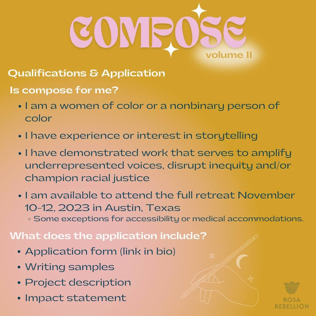 RosaRebellion's tweet photo. We are thrilled to launch the application for Compose Volume II, our second annual writing retreat and story telling incubator for women of color and nonbinary people of color to rest + create in collaboration with @sohohouse. 

Applications due 10/9 - link in bio to apply 🌟✍️🏿 https://t.co/q4Ob2uBBqC