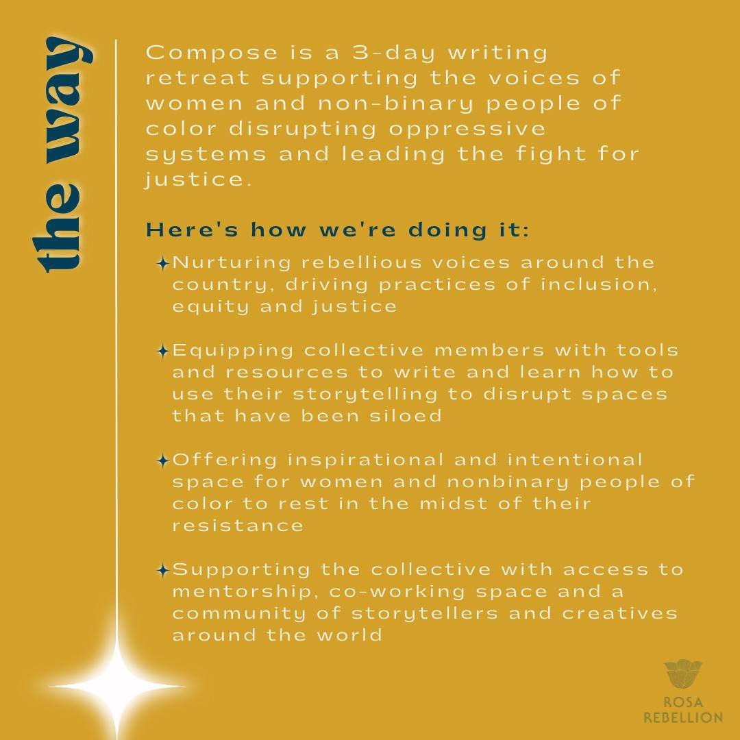 RosaRebellion's tweet photo. We are thrilled to launch the application for Compose Volume II, our second annual writing retreat and story telling incubator for women of color and nonbinary people of color to rest + create in collaboration with @sohohouse. 

Applications due 10/9 - link in bio to apply 🌟✍️🏿 https://t.co/q4Ob2uBBqC