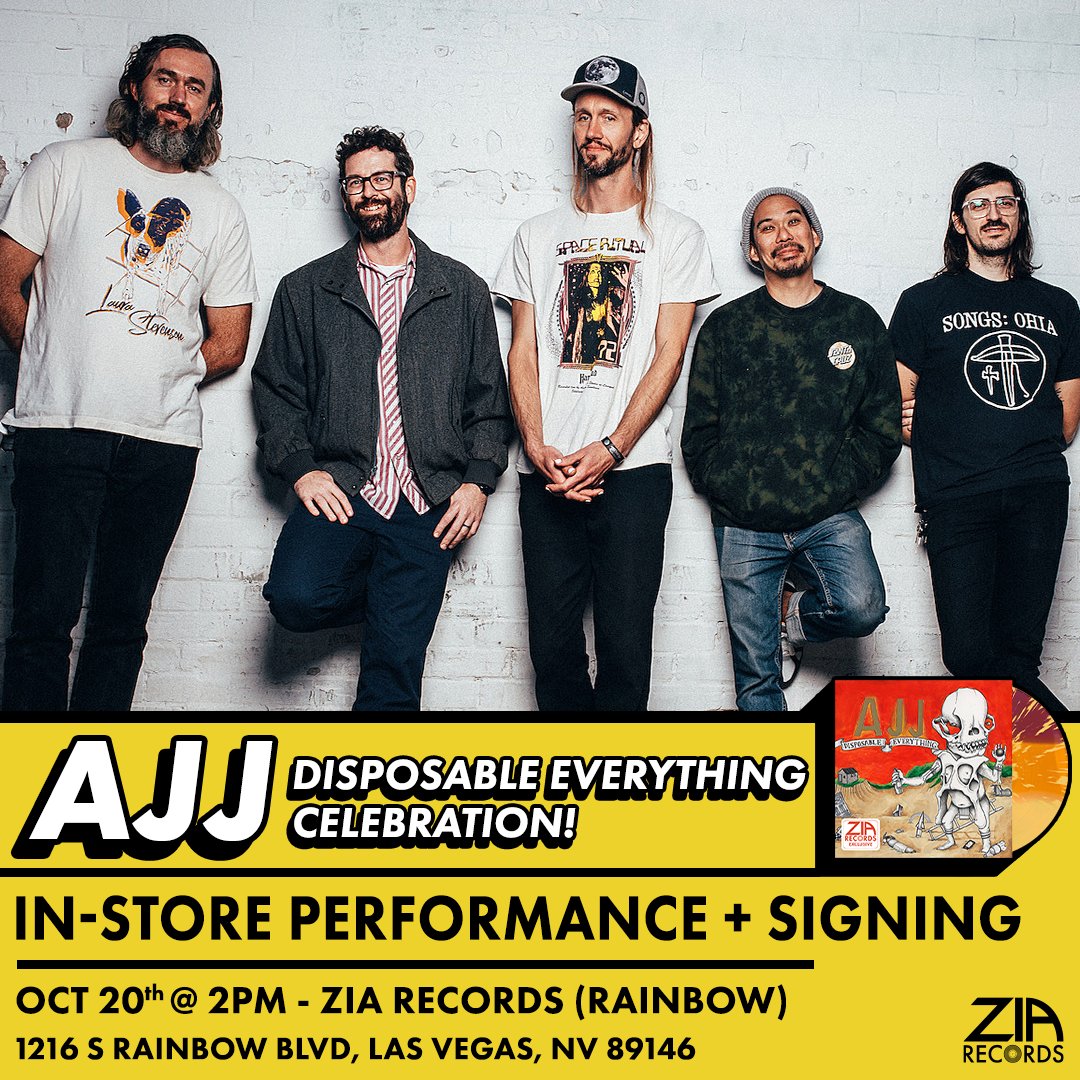 Hey Vegas! Ahead of their appearance at When We Were Young, <a href="/ajjtheband/">AJJ</a> will be doing a performance and signing at our Zia Rainbow location at 2pm on Friday, 10/20!

Limited quantities of our AJJ “Disposable Everything” Zia Exclusive available at the event as well!