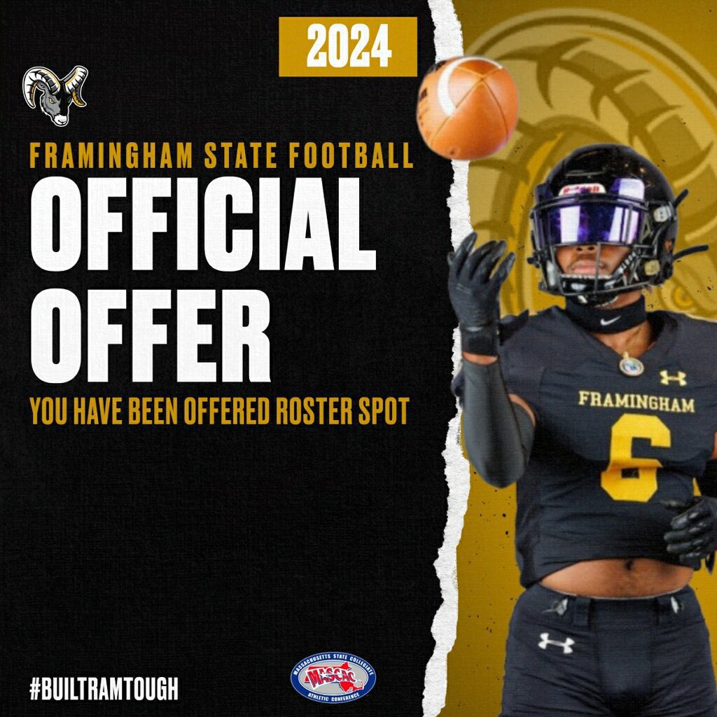 I am extremely blessed to announce that I have received my first Division 3 football offer to play for <a href="/fsuramsfootball/">Framingham State University Football</a> ! <a href="/CoachDice561/">Lance Mitchell, M.A.</a> <a href="/OgdenJets/">Ogden Jets</a> <a href="/CoachFunch/">Paul Funches</a>