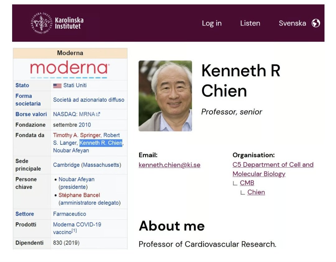 Livythinker's tweet photo. Lo sapevi che il dottor Kenneth R. Chien fondatore di Moderna è pure dirigente del Karolinska Institutet ossia l'ente che assegna il premio Nobel per la medicina? https://t.co/985yVOxVzi