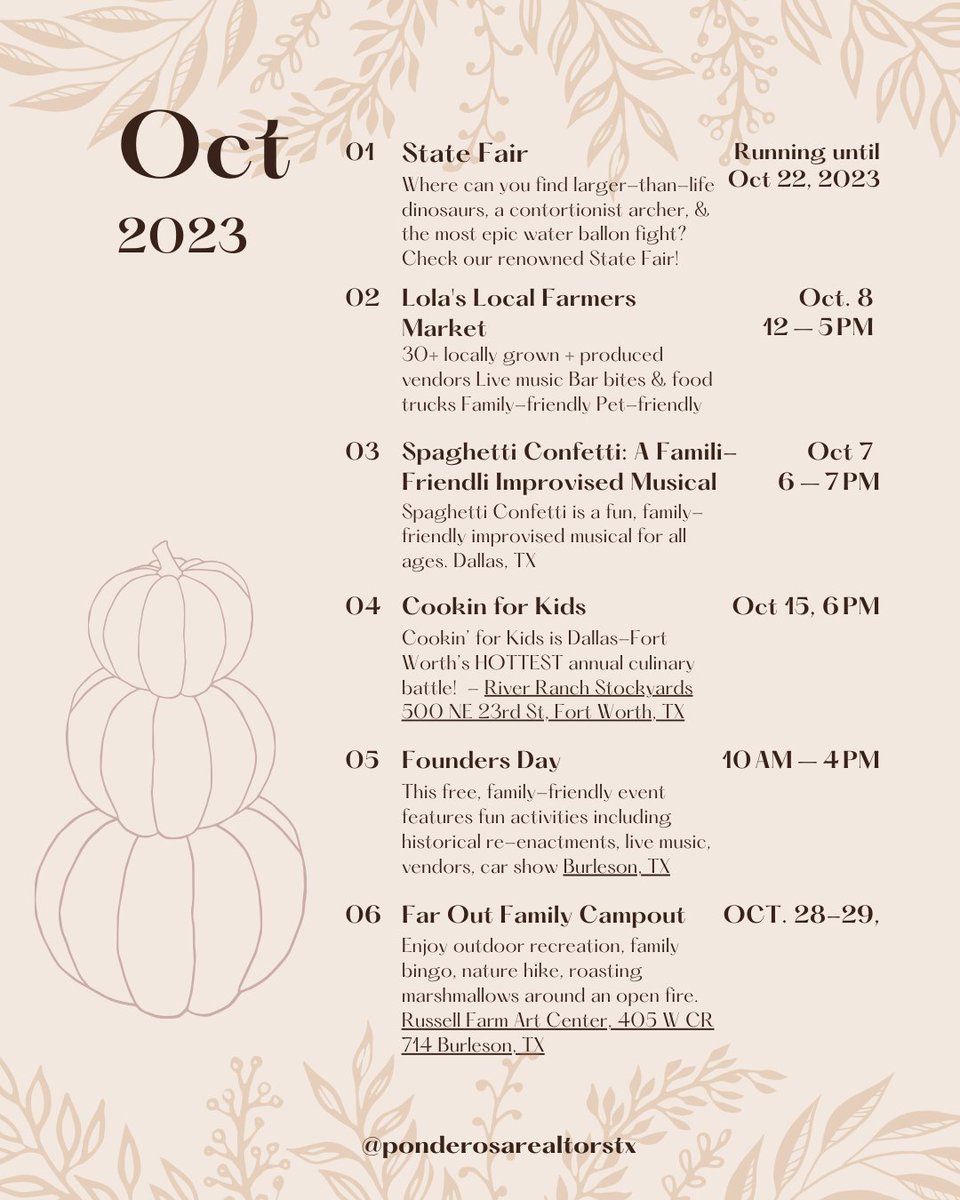Okay folks, here are some of your local family friendly events in the DFW area this Oct! Bookmark it and come back when boredom strikes! There is so much to do in #dfw.

#realtorlife #realtortips #fallintexas #northtexas #dfwlocal #dfwevents #dfwrealestate