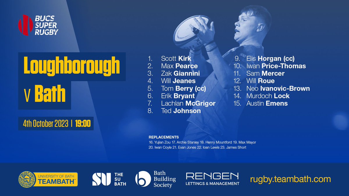 UOBathRugby's tweet photo. Here is your @BathBuildingSoc - sponsored 1st XV to take on Loughborough 1sts tomorrow 🔵🟡

Up the Brothers!

#BFEO #BUCSSuperRugby https://t.co/4e1b5gHiSI