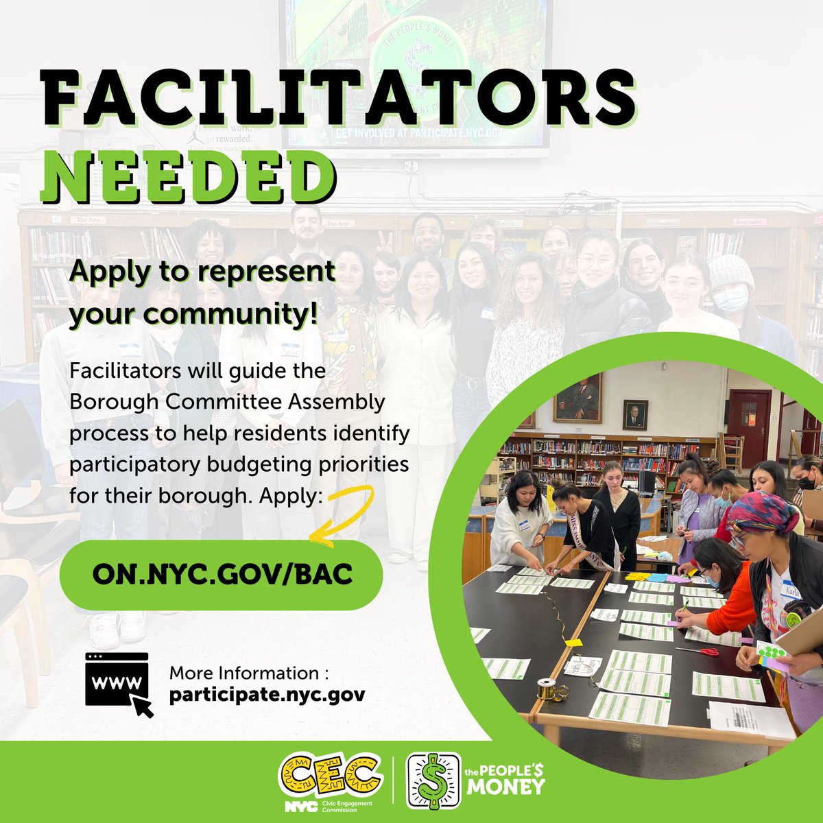 #ThePeoplesMoney team in each borough is looking for @CUNY student facilitators! In that paid role, you can expect to work with your neighbors & @NYCCEC to review & develop #ParticipatoryBudgeting project! 
Apply by 10/13: on.nyc.gov/bac. Info: participate.nyc.gov