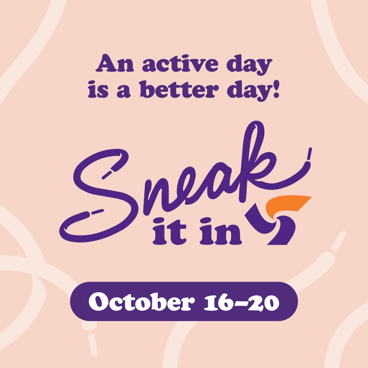 ParticipACTION's tweet photo. 📣 From October 16-20, join us for Sneak It In Week - a week dedicated to squeezing in small bouts of physical activity during your workday. 🕒

No matter when, where or how you work, finding time to take physical activity breaks will help you be at your best! 👟 https://t.co/MSBZ2ygB0D