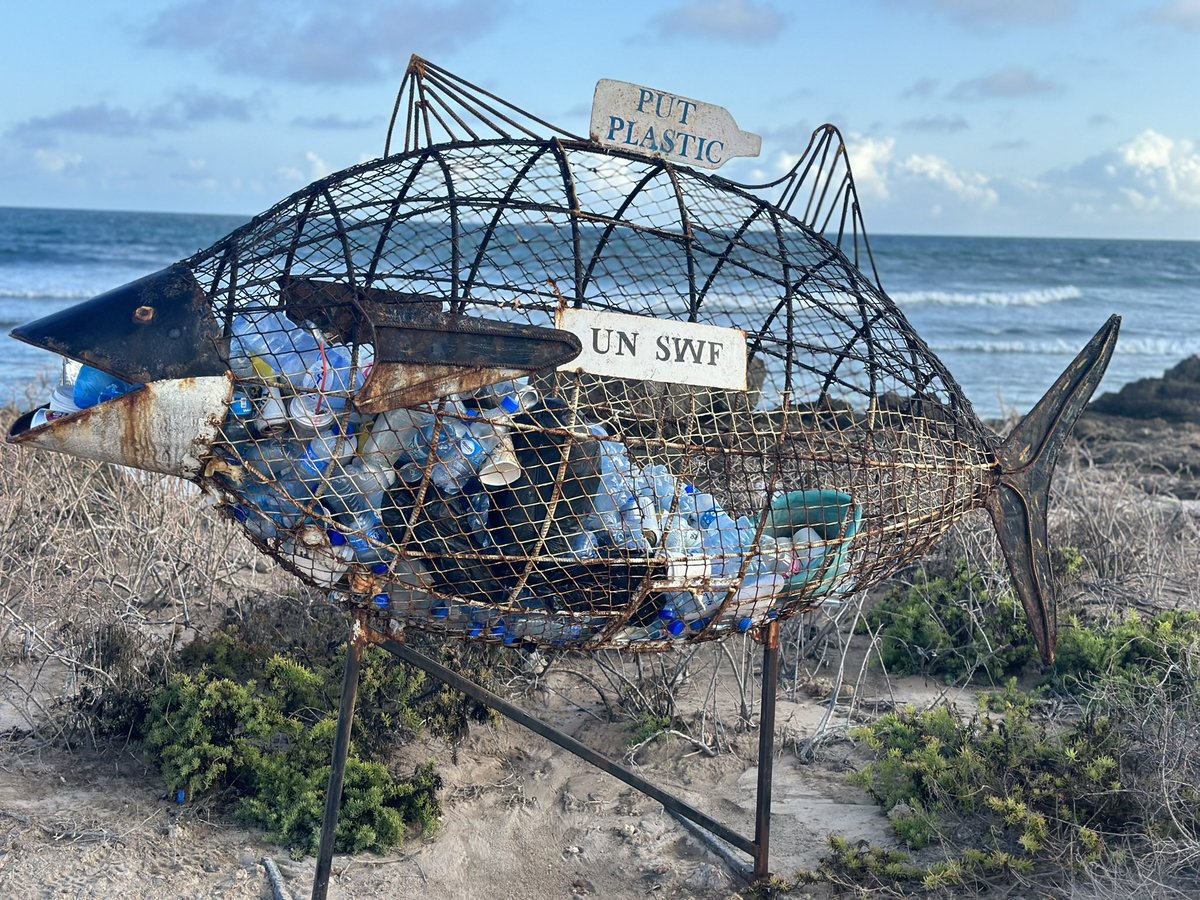 AIGutale's tweet photo. The fish-shaped dustbin at Mogadishu Beach is not just a receptacle for plastic waste; it's a powerful symbol of environmental awareness and conservation. Crafted to resemble a fish, it carries a profound message. The clever design portrays the fish as if it has ingested the plastic materials, emphasizing the detrimental impact of plastic pollution on marine life.

This artistic dustbin not only serves a practical purpose but also acts as a visual reminder of the urgent need to protect our oceans. It's a testament to the creativity and dedication of the community in Mogadishu Beach in their efforts to combat plastic pollution and safeguard their coastal ecosystem. 

Its a unique and thoughtful design stands as a beacon of hope and a call to action for visitors and locals alike to be responsible stewards of the environment, ensuring that the oceans remain vibrant and free from plastic debris.