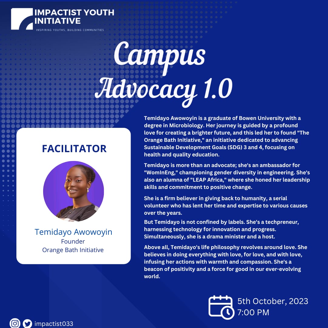 🤩 Our facilitators are set!!!🤩

🫵🏼 Are you?🫵🏼

Read up the profile of our second facilitator in the image attached and Anticipate🥳

Smash the link below to join the campus advocacy program in your university.
tinyurl.com/Impactistcampu…

#Campusadvocacy
