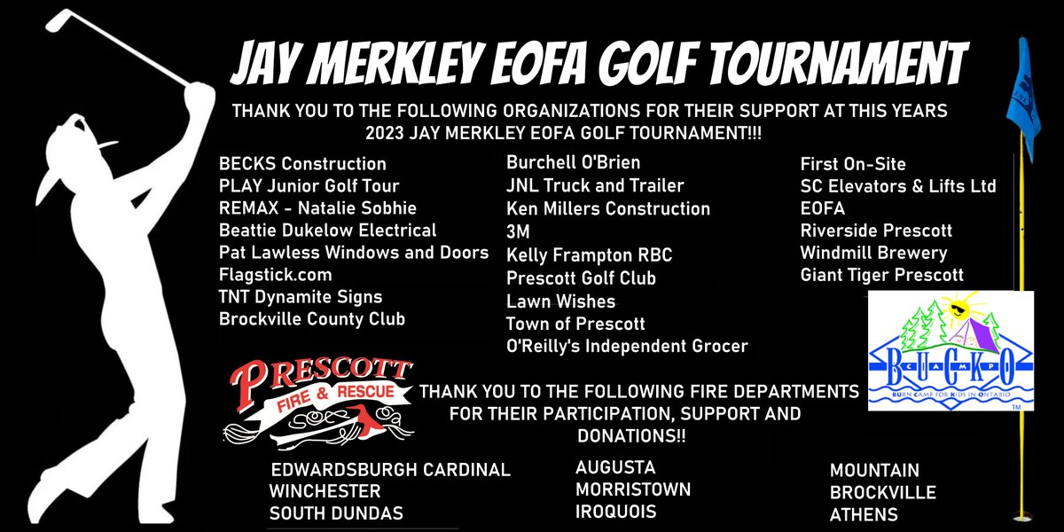 PFD is happy to announce that more than $6,000 was raised for Camp BUCKO at the 2023 Jay Merkley EOFA Golf Tournament!! Thank you to all sponsors, golfers and participating fire departments for the support and donations raised for Camp Bucko! It was a great day on the course!