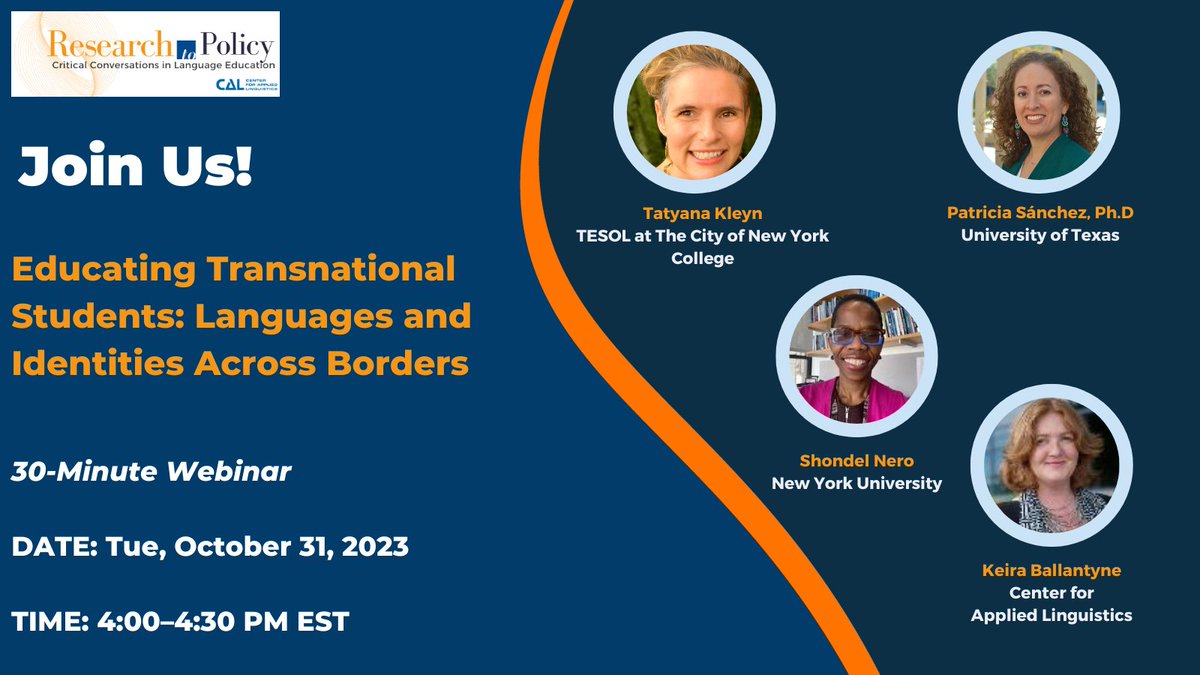 Hear creative ways to support successful academic outcomes for transnational students in the Center for Applied Linguistics' next webinar, "Educating Transnational Students: Languages and Identities across Borders," October 31, 2023, 4:00–4:30 PM EST. ow.ly/F6JM50PSxrW