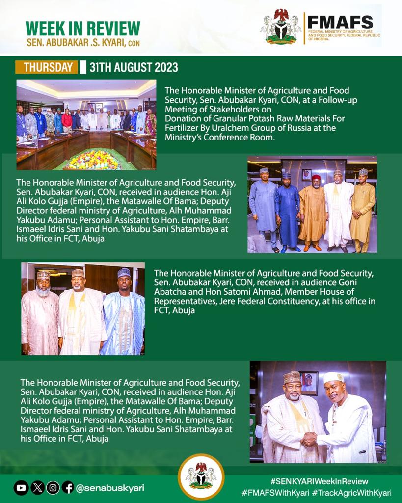MarufAjenifuja's tweet photo. HON. MINISTER OF AGRIC & FOOD SECURITY, SENATOR ABUBAKAR KYARI’S WEEK IN REVIEW
27th August - 2nd September, 2023
#SenKyariWeekInReview
#FMAFSWithKyari #TrackAgricWithKyari https://t.co/Kp788pnpoe