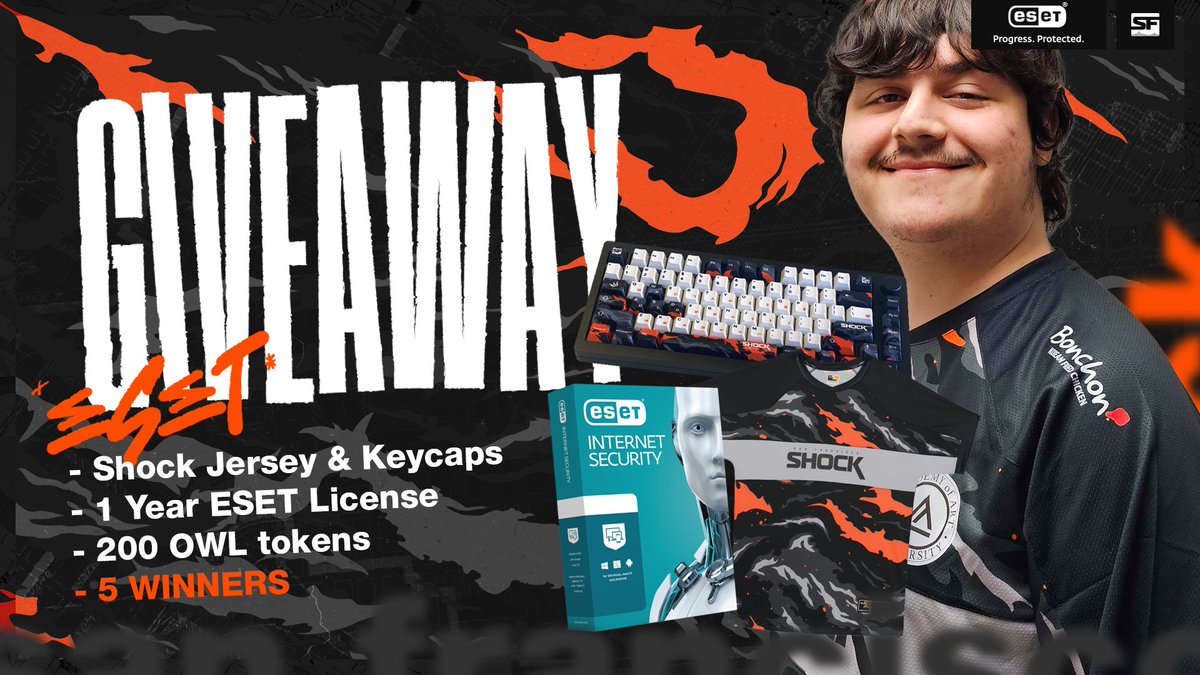 GIVEAWAY TIME!

We're giving away 5 x 1-year ESET Internet Protection licenses and 200 OWL token! One lucky person will also receive a Shock jersey and keycaps

How to enter:

🧡 Follow <a href="/SFShock/">NRG Shock</a> &amp; <a href="/ESET/">ESET</a>
🧡 Like &amp; RT
🧡 Tag a friend most likely to accidentally install a virus