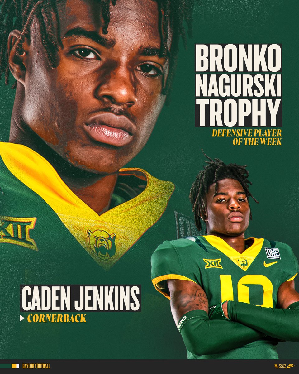 🏆 @cadenjenkins8 has been named the @NagurskiTrophy Defensive Player of the Week #SicEm | #PersonOverPlayer