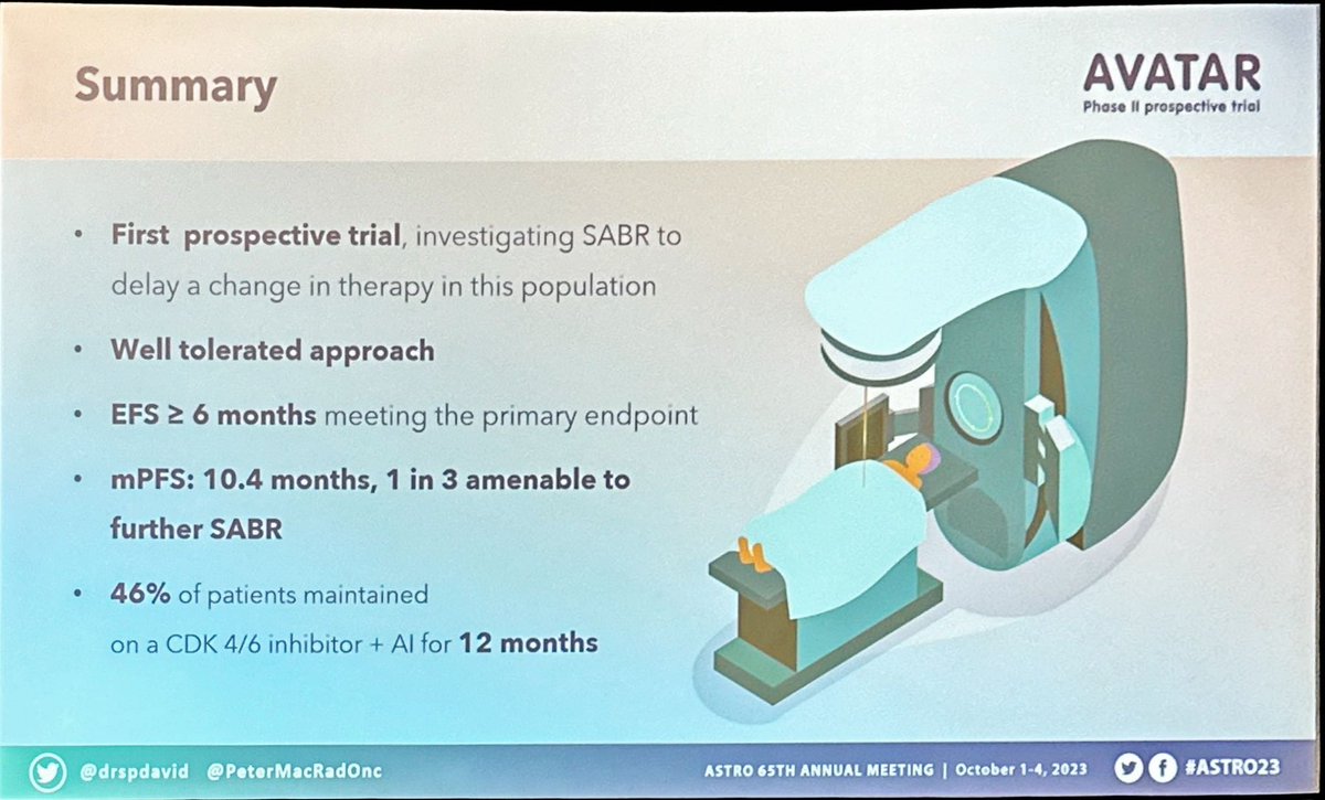 Shankar Siva (@_shankarsiva) on Twitter photo <a href="/drspdavid/">Steven David</a> -late breaking abstract #ASTRO23 - investigating SANR for patients with oligoprogression in ER+ve Her2 -ve #breastcancer. Primary EFS endpoint met, and 1 in 3 patients amenable to repeat SABR, resulting in โreal worldโ mPFS of 10.1mo. ๐๐ฝ๐๐ฝ๐๐ฝ๐พ congrats!!! <a href="/drspdavid/">Steven David</a> -late breaking abstract #ASTRO23 - investigating SANR for patients with oligoprogression in ER+ve Her2 -ve #breastcancer. Primary EFS endpoint met, and 1 in 3 patients amenable to repeat SABR, resulting in โreal worldโ mPFS of 10.1mo. ๐๐ฝ๐๐ฝ๐๐ฝ๐พ congrats!!!