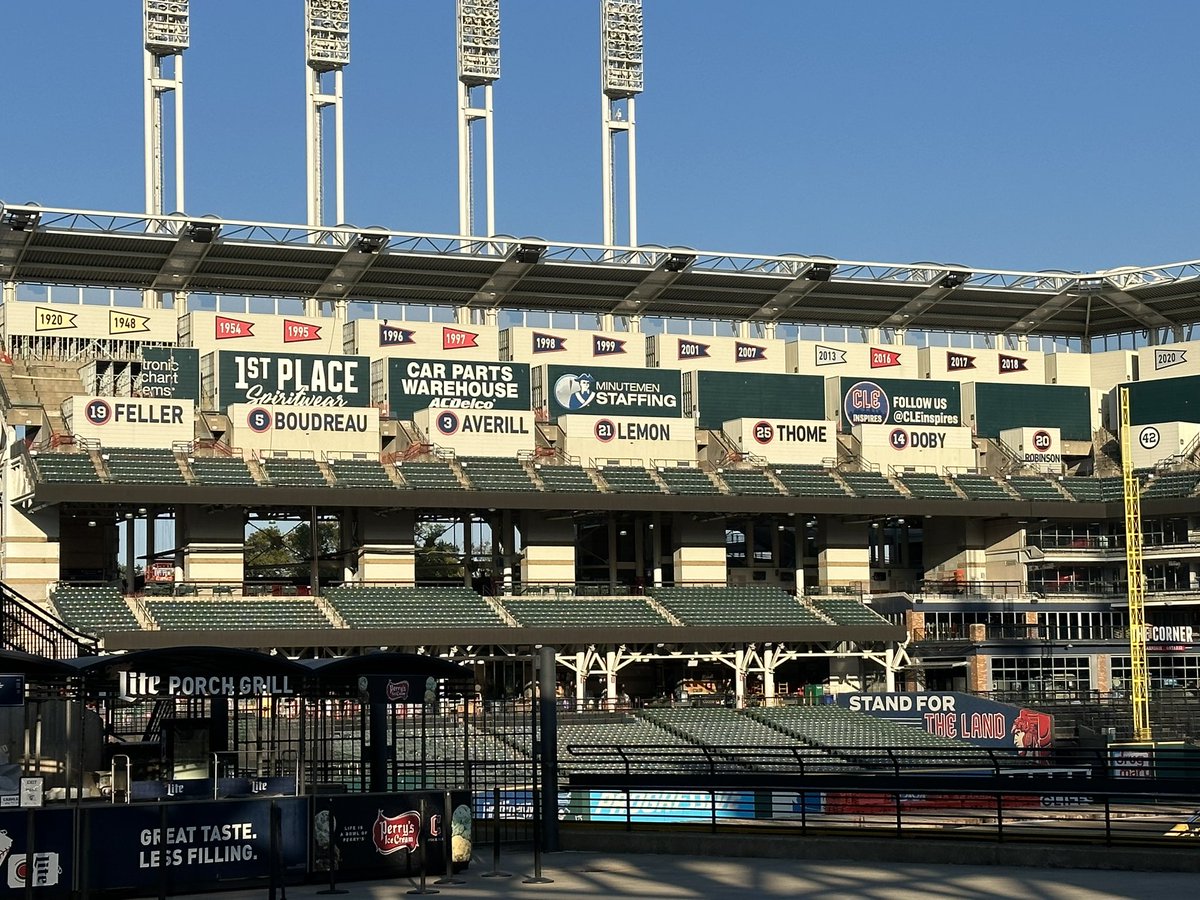 The process to remove the “Shipping Containers” in the right field upper deck has begun (top left of picture)! They’ll be completely removed in time for 2024 Opening Day. #Guardians @fox8news