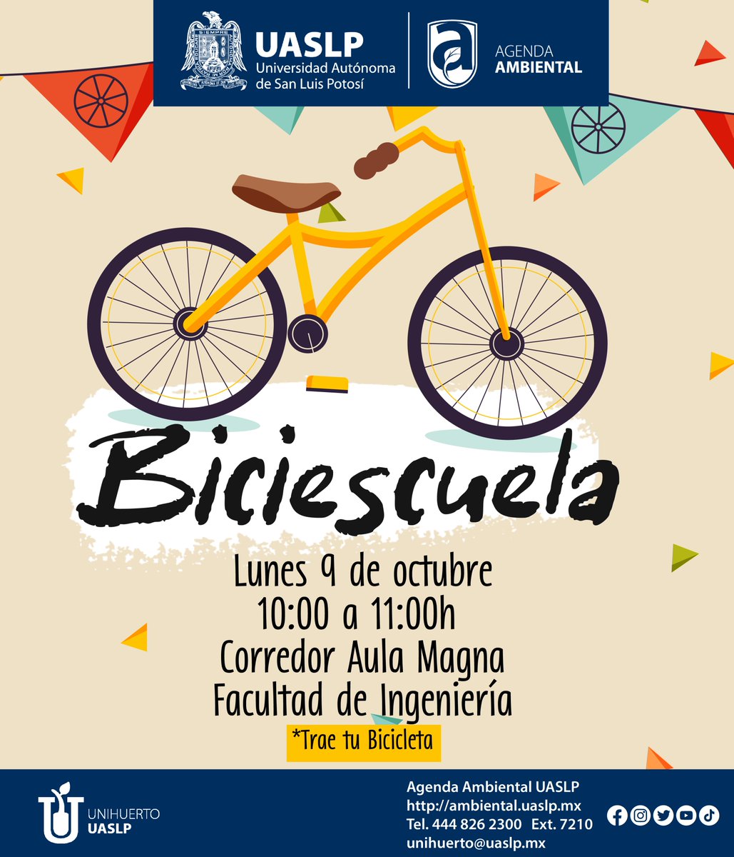 Con bicicleta en mano únete al curso Biciescuelas, durante la primer semana #UASLPSostenible

Lunes 9 de Octubre de 10:00 a 11:00h en el corredor del Aula Magna , Facultad de Ingeniería
Cupo limitado
Regístrate en: a.uaslp.mx/Sostenible

#UASLP #Biciescuelas #slp
<a href="/LaUASLP/">UASLP</a>