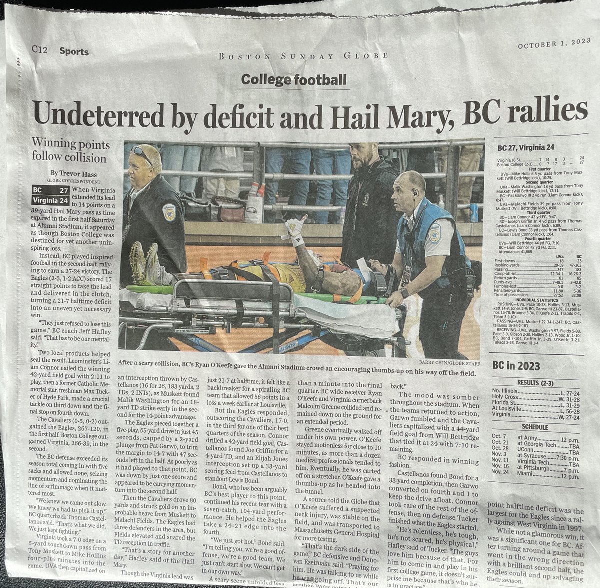 First and foremost we are happy to hear that Ryan O'Keefe is back on campus and walking around.

Armstrong Paramedics Kevin LaBarge (left) and Victor Marchese (right) were ready on the sidelines for swift care.

We are proud to be the trusted EMS partner of BC!