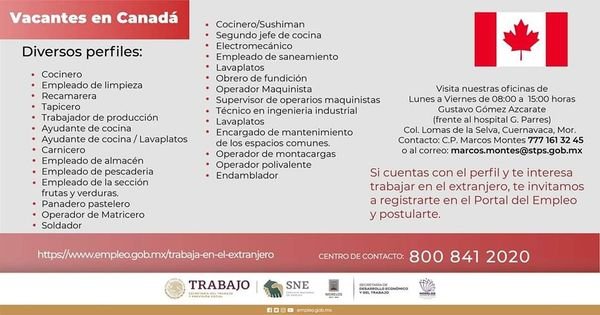 ¡Trabaja en Canadá!📷
Vacantes para laborar en distintos perfiles  📷📷 en #canada  a través del #MecanismoDeMovilidadLaboralExterna 📷
Para ver el perfil de cada vacante puedes visitar el portal del empleo en la siguiente liga 📷📷
empleo.gob.mx/trabaja-en-el-…