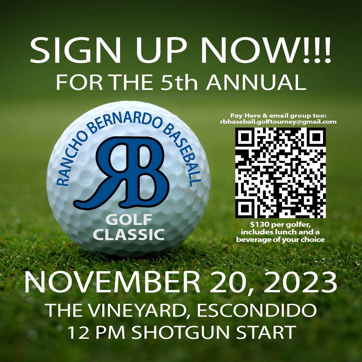 Rancho Bernardo Baseball (@gorbbaseball) on Twitter photo Please don’t wait! Reserve your spot or your group today at rbbaseball.golftourney@gmail.com! Pay now with QR code below or pay at the course on the day of the event! Please don’t wait! Reserve your spot or your group today at rbbaseball.golftourney@gmail.com! Pay now with QR code below or pay at the course on the day of the event!
