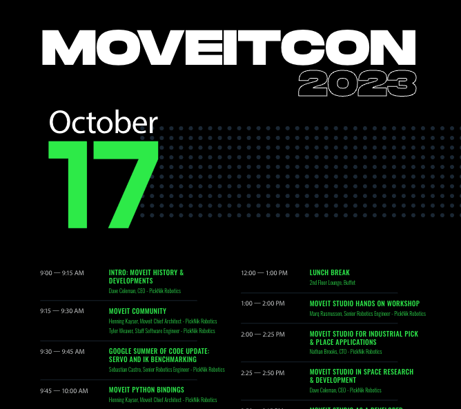 PickNikRobotics's tweet photo. π We're 2 weeks from MoveItCon - the day before ROSCon, in New Orleans! Sign up while you still can, we have 4 spots available! π¦Ύ
Sign up here π https://t.co/lETTYYgm1x
#ROS #MoveIt #MoveItCon #MoveItStudio #ROSCon #MoveItCon2023 #ROSCon2023 #Robotics https://t.co/I8uGnEYMjD