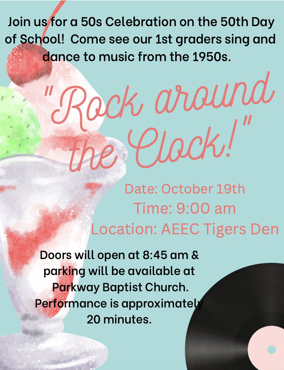 Dear Parents,
First grade students will celebrate the 50th day of school on Thursday, October 19th.  Please join us for a 1st Grade Fine Arts Performance at 9:00am in the Tigers Den!  First graders are invited to dress up like the 50's. It will be a swinging good time!