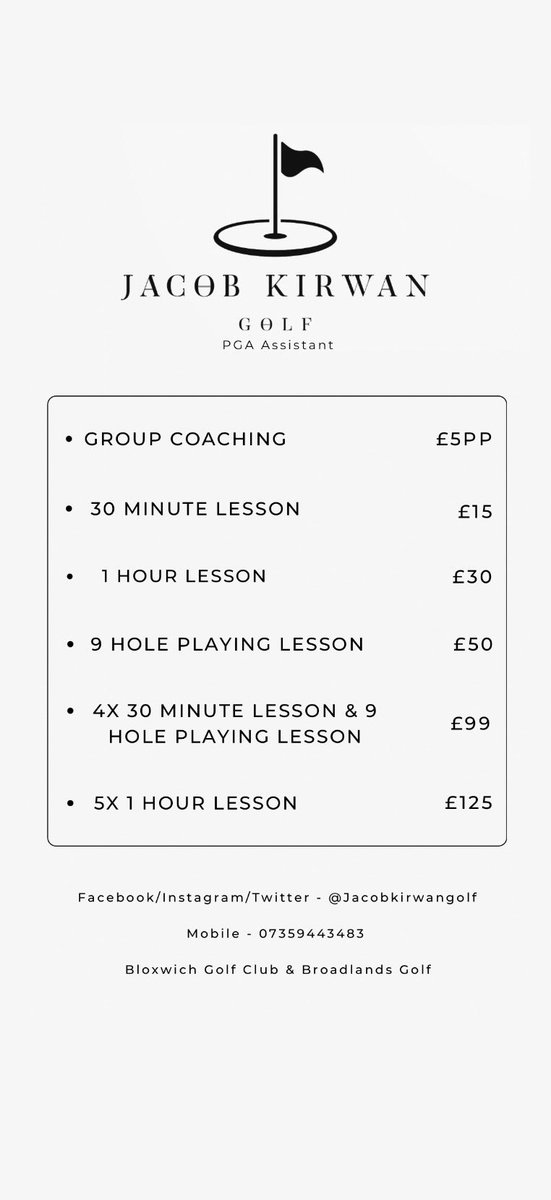 JacobKirwanGolf's tweet photo. As I have now started my PGA Course I will now be offering various types of lessons. Feel free to contact me via direct message or text for availability.

#pga #bloxwichgolfclub #broadlandsgolf https://t.co/a82sBVOKb6