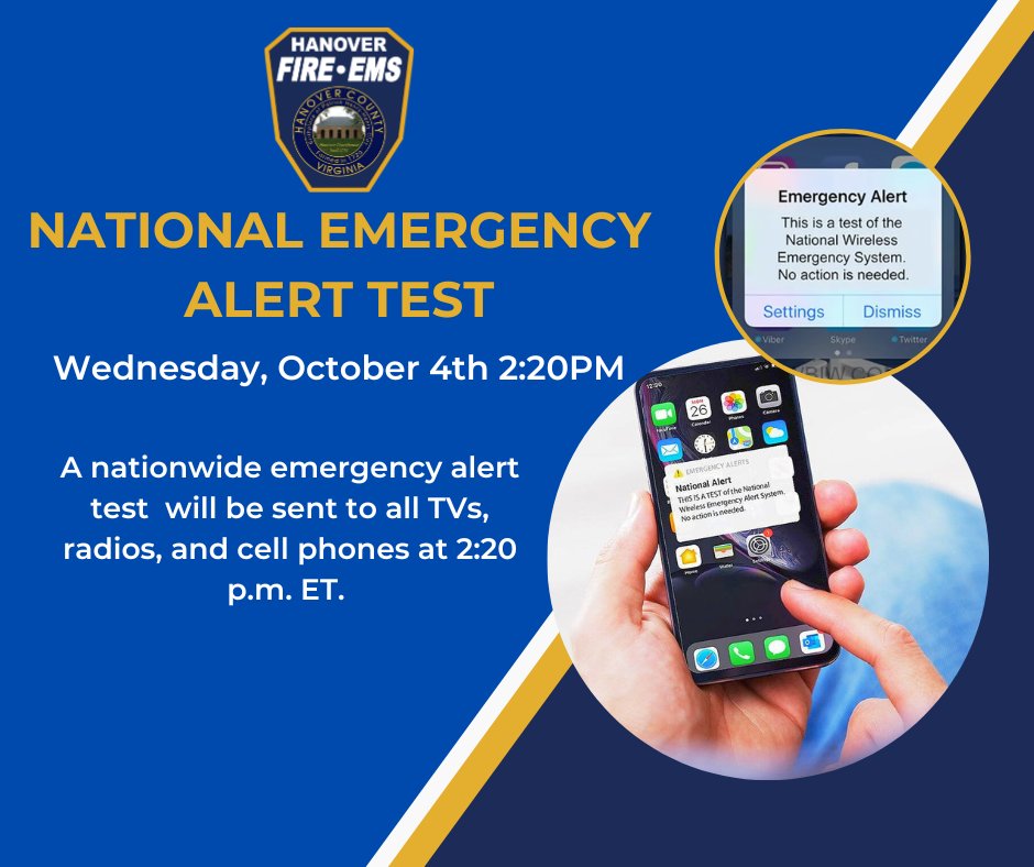 TOMORROW, OCT. 4: There will be a nationwide emergency alert test sent to all TVs, radios, and cell phones at 2:20 p.m. ET.
Important information and what can be expected from the nationwide test:
fema.gov/press-release/…
#HanoverVA