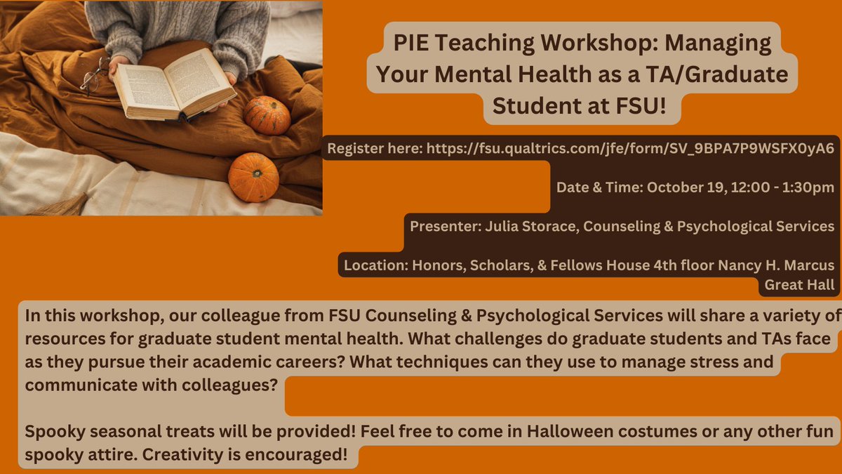 Join us on October 19th for a Teaching Workshop on Managing your Mental Health as a TA/Grad Student! 

Register here: fsu.qualtrics.com/jfe/form/SV_9B…