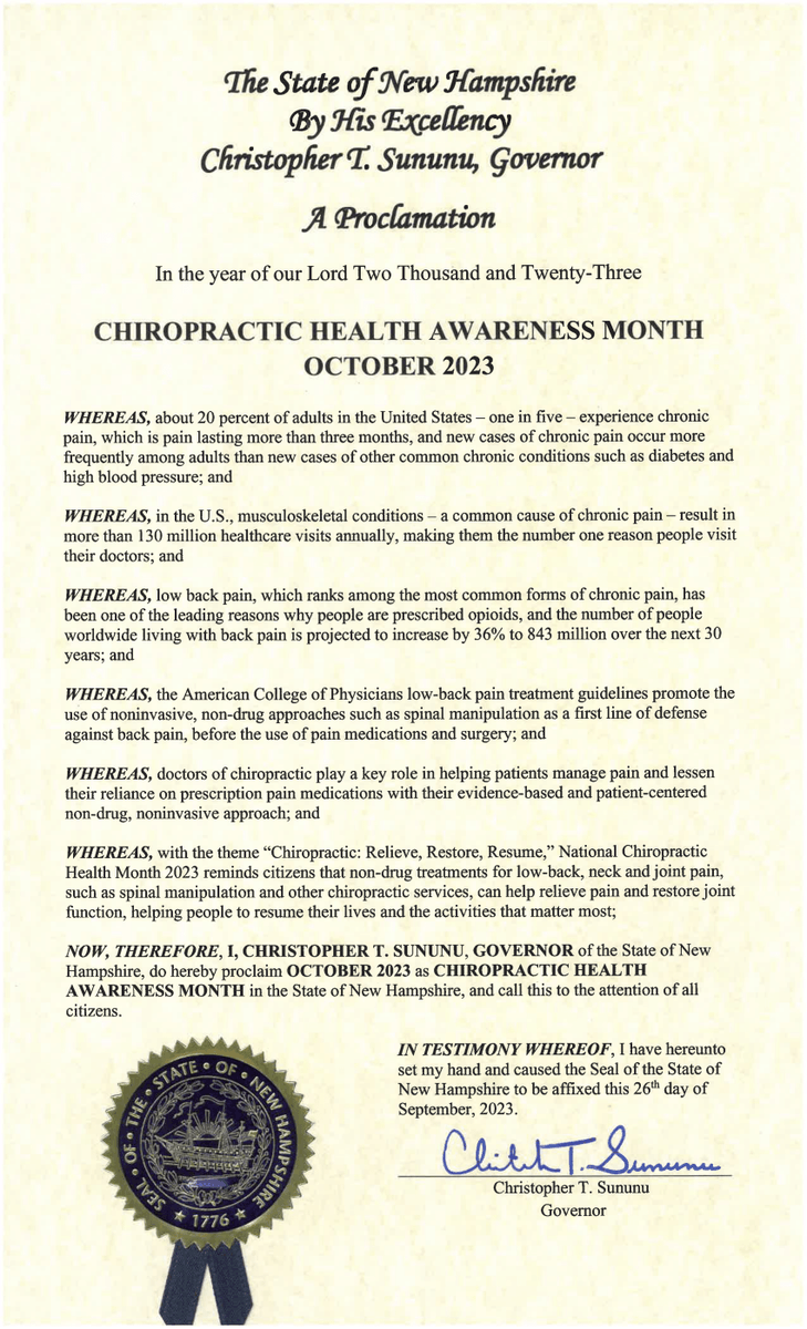 nhchiro's tweet photo. October is National Chiropractic Health Month!

Thank you @GovChrisSununu for making NCHM official in New Hampshire this year! #RelieveRestoreResume https://t.co/q9Ou02qVjy