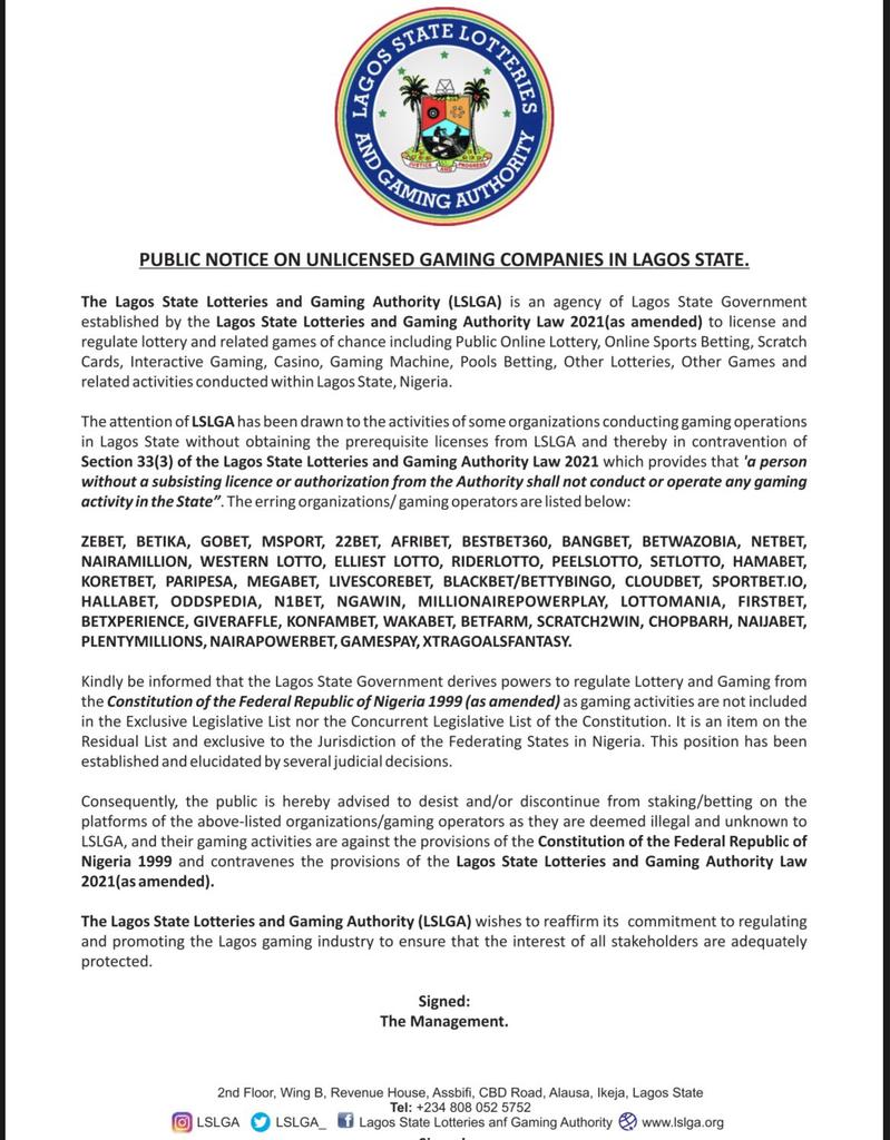 MacnunGiwa's tweet photo. PUBLIC NOTICE ON UNLICENSED GAMING OPERATORS IN LAGOS STATE:
The public is hereby advised to desist and/or discontinue from staking/betting on the platforms of the listed organizations/gaming operators as they are deemed illegal and unknown to LSLGA.
#LSLGA
#PUBLICNOTICE https://t.co/O5dWwPLy8x