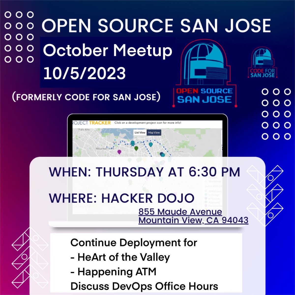 OpenSourceSJ's tweet image. We’re meeting this Thursday at HackerDojo. We'll be active on both our Discord and Slack for coordinating virtual and/or in-person meet-times for this project.
meetup.com/open-source-sa…
github.com/codeforsanjose
#opensourcesanjose #codeforsanjose #civictech #volunteering #bayarea
