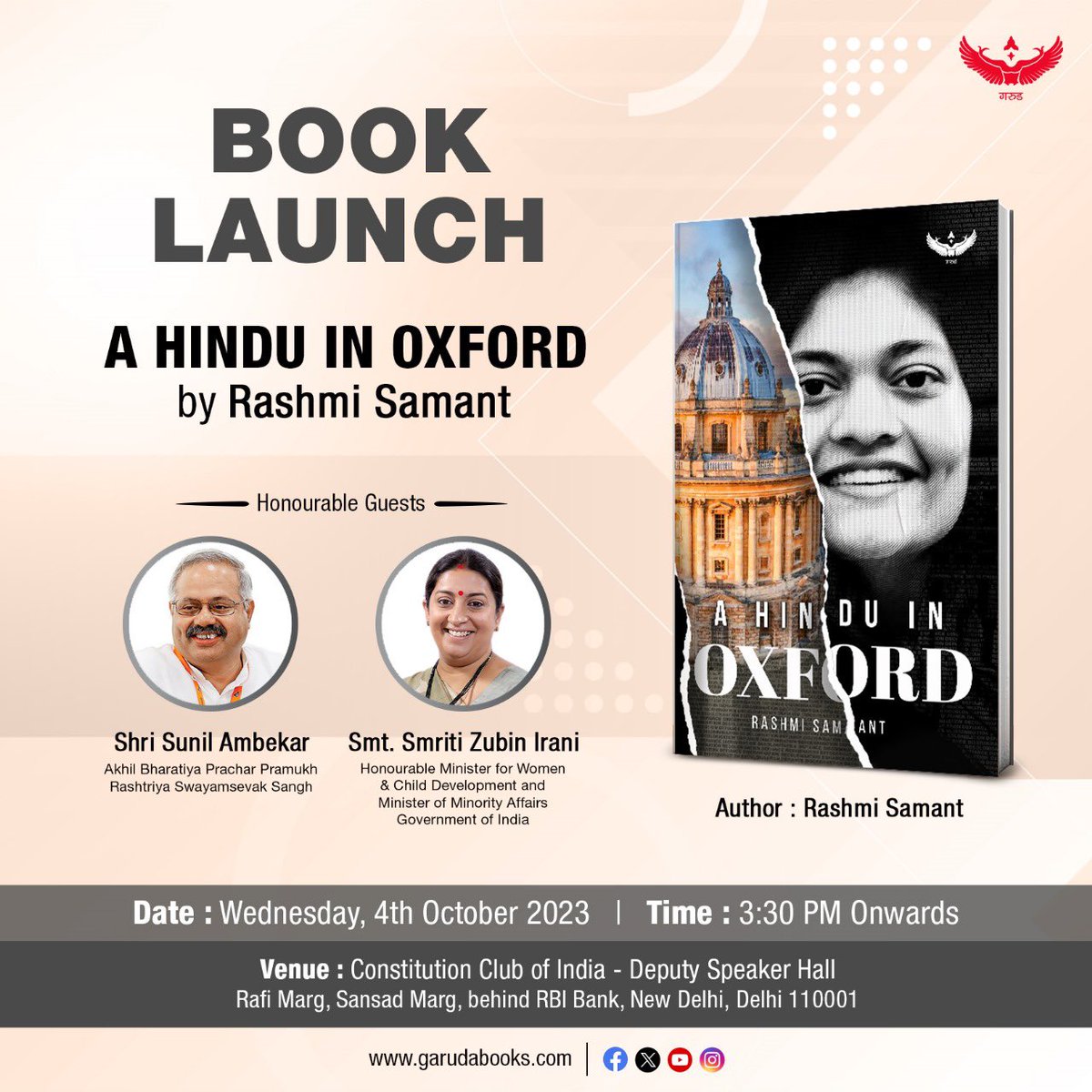 its_yash_2's tweet photo. Dear people of New Delhi, we are launching " A Hindu in Oxford" of @RashmiDVS tomorrow at the Constitution Club of India @ccoi_1947 Honoured to have @SunilAmbekarM Ji and @smritiirani Ji release the book. Here's an open invitation to all. Signed copies will also be available 🕉 https://t.co/2gg73QFedj