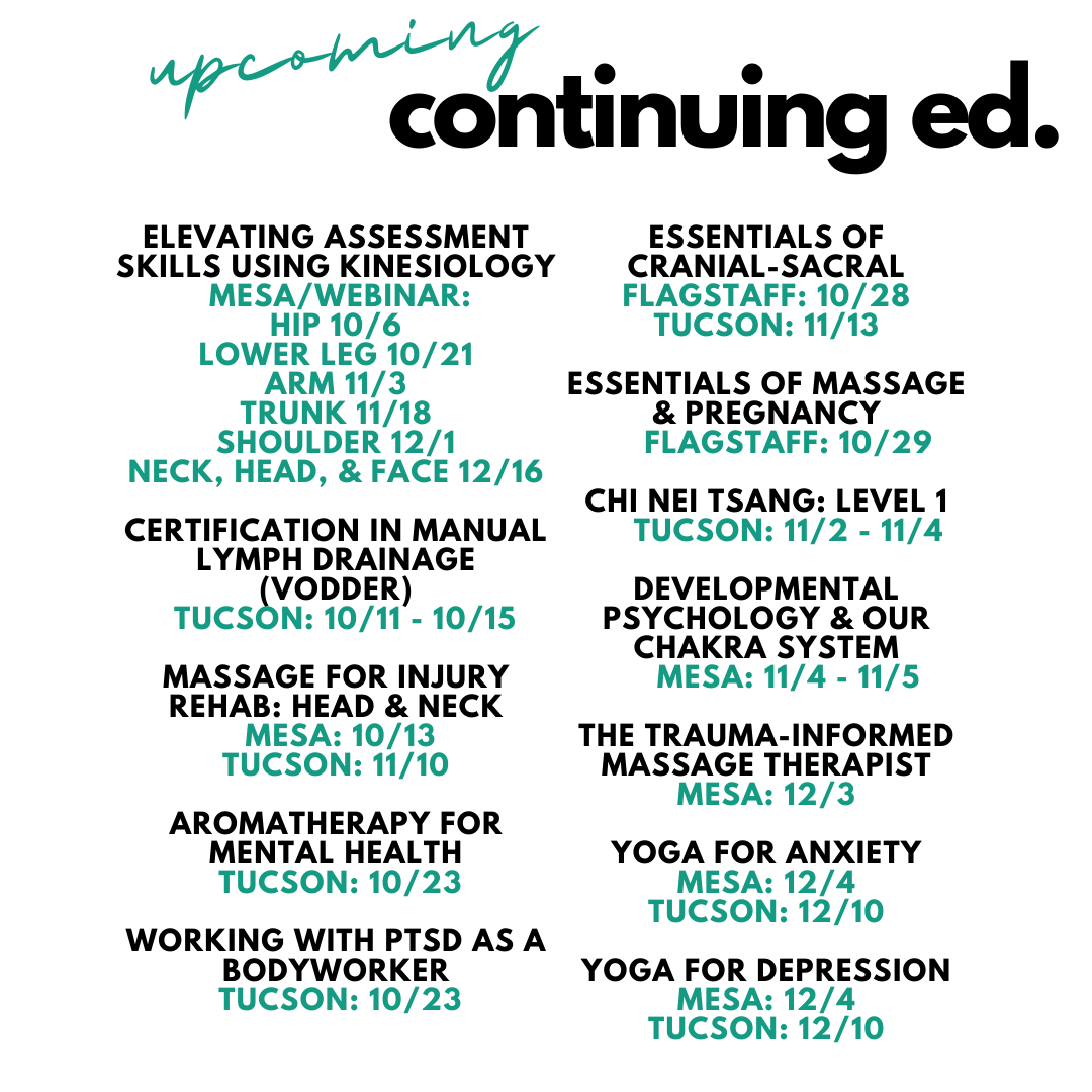 Join us for an upcoming continuing education course!!
.
#asismassage #massageces #massagetherapy #continuingeducation #ncbtmb #education #arizona #liveclasses #webinar #mld #kinesiology #prenatal #yoga #cranialsacral #injuryrehab #aromatherapy