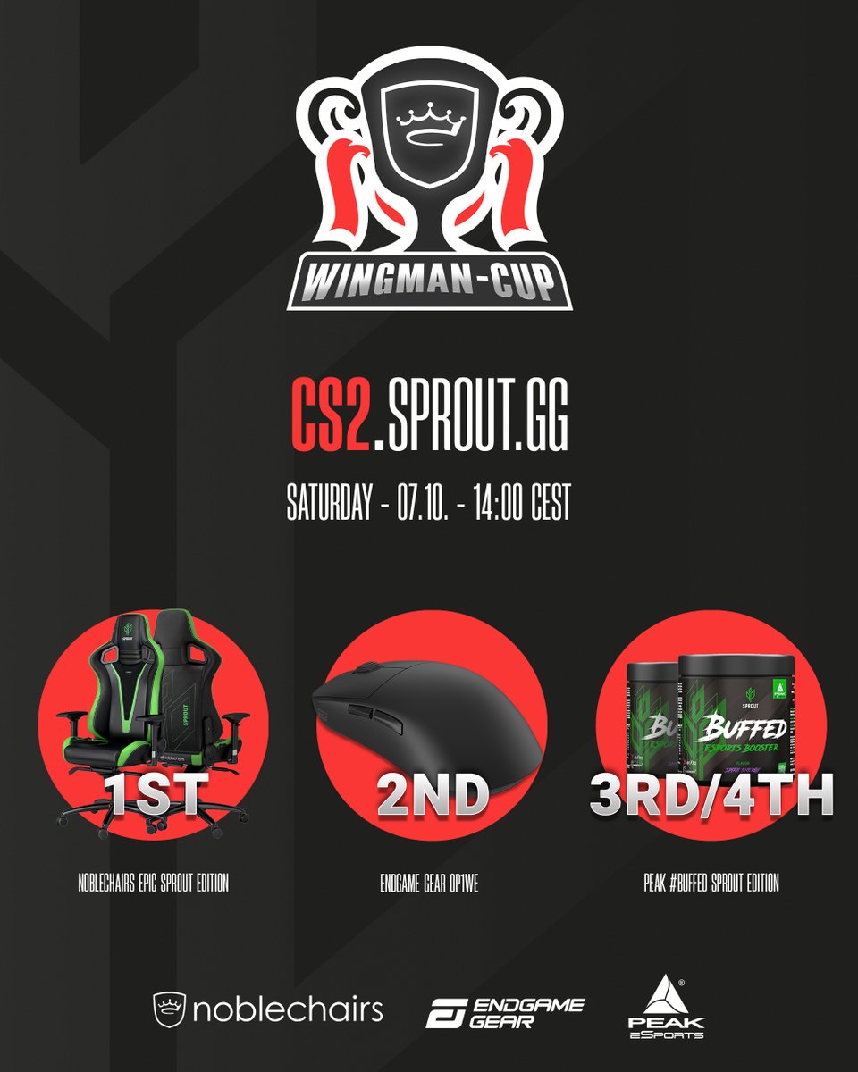 We've teamed up with <a href="/FACEITcs/">FACEIT CS2</a> to bring you the very first <a href="/CounterStrike/">CS2</a> 2 Wingman-Cup with precious prizes from <a href="/noblechairs/">noblechairs</a>, <a href="/endgamegear/">￳Endgame Gear</a>, and <a href="/PeakSupplements/">PEAK eSports</a> this weekend! 🏆 🌱

Secure your spot:
🔗 cs2.sprout.gg
🗓️ Saturday, 14:00 CEST
📺 watch.sprout.gg