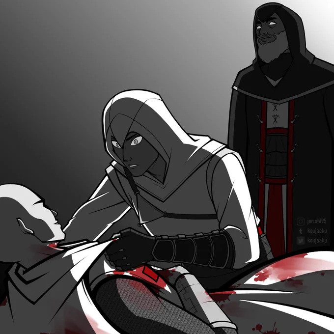 [#Codextober Day 3: Enemy]  "Ironic, isn't it? That I, your greatest enemy, kept you safe from harm... but now you've taken my life, and in the process, ended your own." -Robert de Sablé #assassinscreed #codextober2023 #altairibnlaahad