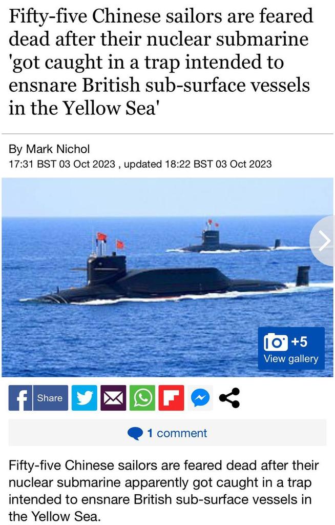 kardinal691's tweet photo. "Are the #Chinese just as bad as the #russians? It's just a thought!"
Fifty-five #Chinese sailors appear to have died after their nuclear submarine was caught in a trap designed to lure #British submarines into the #Yellow_Sea.
According to a secret #British report, the sailors https://t.co/QhmKVDiUmT