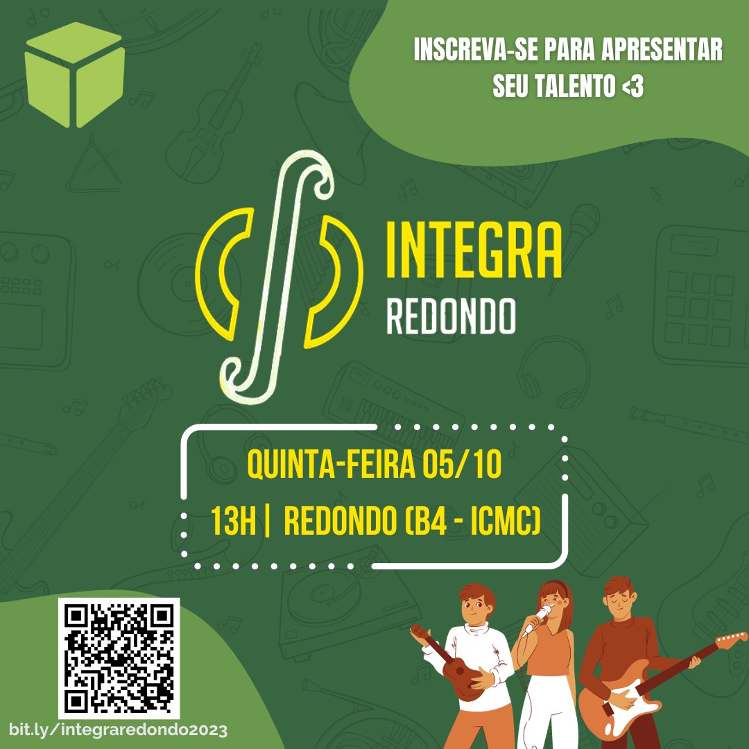 Olá, PETamigos! Estamos de volta com um evento repleto de incríveis apresentações artísticas - o INTEGRA REDONDO!  O encontro será nesta quinta (05/10) às 13h no Redondo (Bloco 4/ICMC). Inscrições para apresentação: bit.ly/integraredondo… Canal de Avisos: t.me/PETcompUSP