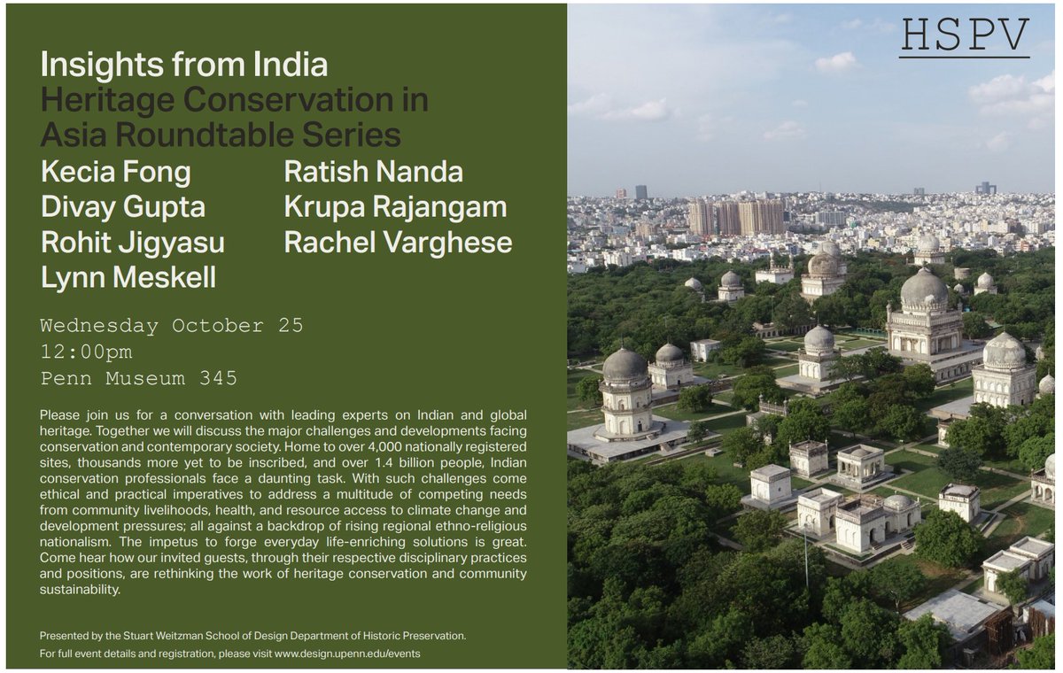 Professor of Anthropology Lynn Meskell will be speaking on Wednesday, 10/25 at 12pm in Penn Museum room 345 for 'Insights from India: Heritage Conservation in Asia Roundtable Series'! For more information and to register click below: design.upenn.edu/events/heritag…