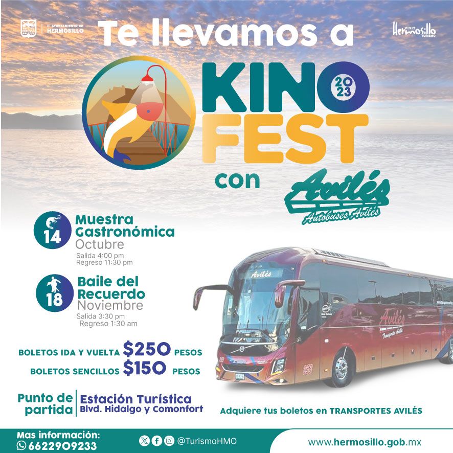 Turismohmo's tweet photo. Autobuses Avilés te lleva a disfrutar de Kino Fest 🥳

Reserva tu lugar y asegura un viaje cómodo y seguro 🚍

Más información 📲 662 290 9233

#KinoFest #VisitHermosillo #Hermosillo
#HermosilloCreceEnTurismo #ConstruyendoComunidad https://t.co/40DMaBw1QM