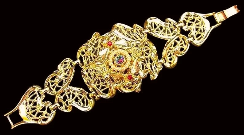 #bracelet #vintage #SarahCoventry #designer #signed #goldplate #chunky #wide #filigree #goldtone #ABrhinestone #statement #huge #ornate #giftforHer #domed #collectible