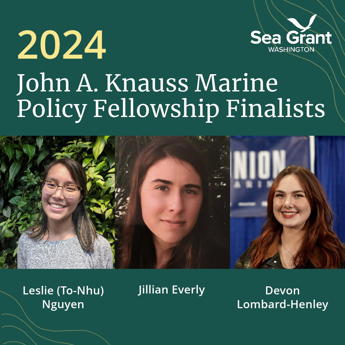 We are pleased to announce that three recent graduate students from universities in Washington and Idaho were selected as finalists for the 2024 class of the prestigious John A. Knauss Marine Policy Fellowship Program! Get to know this year's fellows at: bit.ly/3LNX6Mx