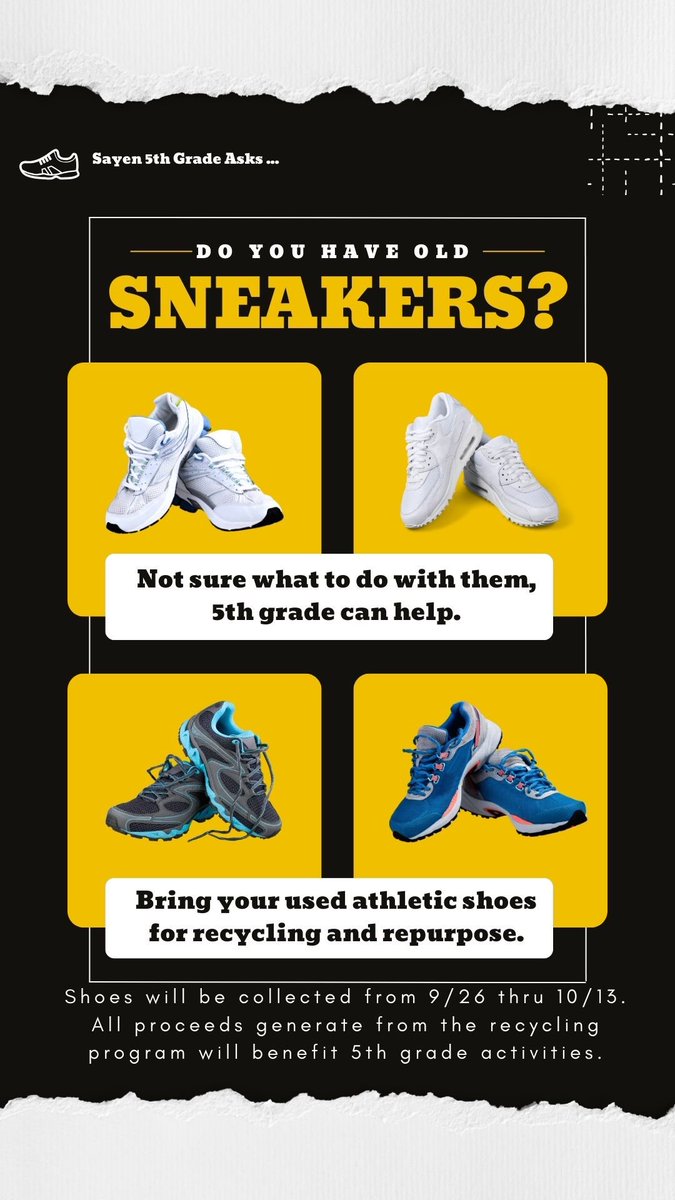 wjaws08's tweet photo. @HTSD_Sayen check your closets - Sayen 5th grade wants your old sneakers for our recycle/upcycle event.  Collection until 10/13. Every pair helps @WeAreHTSD https://t.co/eQ2cei5Nqh